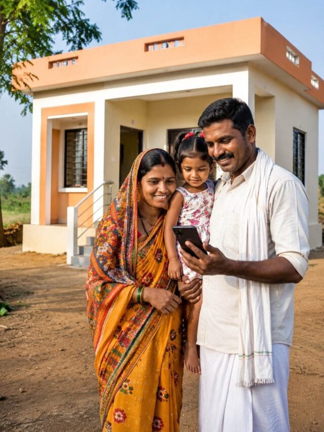 PM Awas Yojana List 2026 beneficiary family standing near new rural house