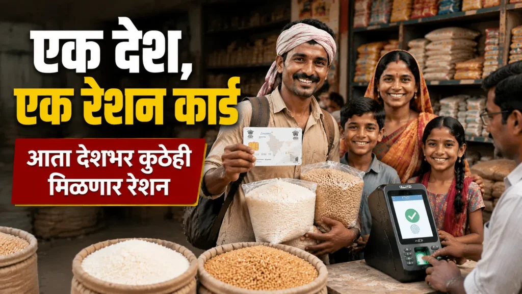One Nation One Ration Card 2026 scheme showing an Indian family and migrant worker receiving ration benefits anywhere across India.
