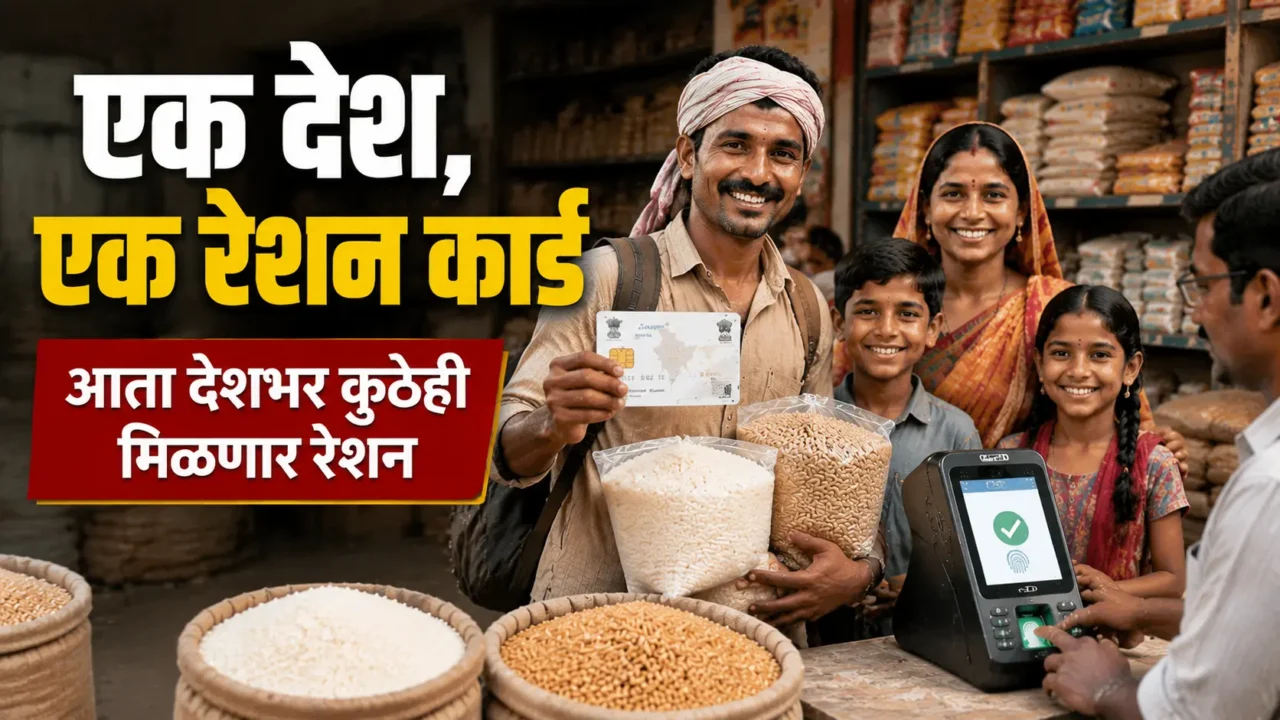 One Nation One Ration Card 2026 scheme showing an Indian family and migrant worker receiving ration benefits anywhere across India.