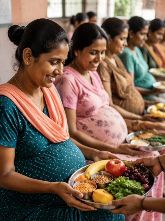 Pregnant Indian women receiving nutritious food under APJ Abdul Kalam Amrut Aahar Yojana