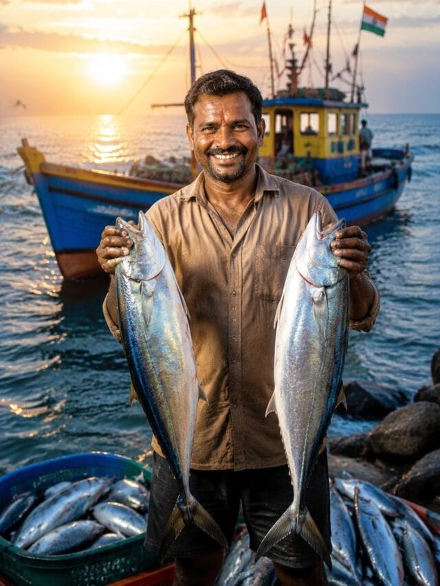 An image showing Indian fishermen and aquaculture activities under Pradhan Mantri Matsya Sampada Yojana 2025–2026, highlighting government support, subsidies, and fisheries development.