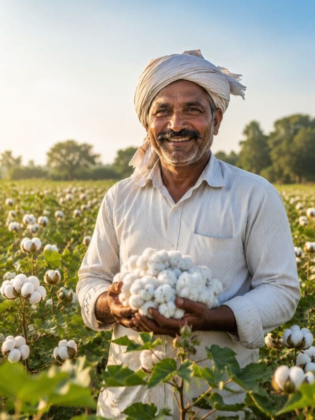 Indian cotton farmer standing in a cotton field under Kapus Kranti Yojana 2026