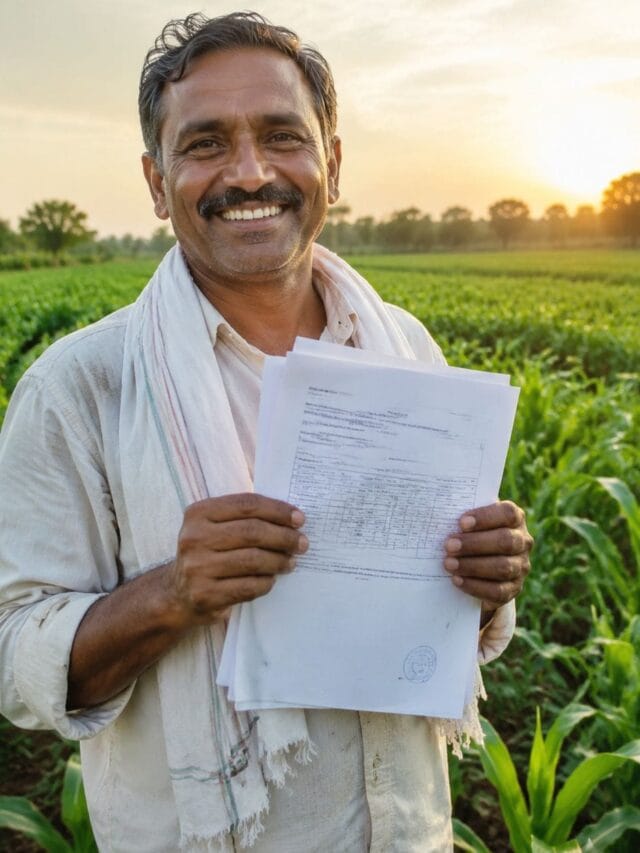 Happy Maharashtrian farmer holding loan waiver approval documents in a green farm