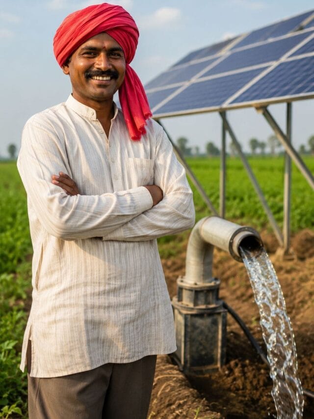 Farmer standing near solar pump under PM Kusum Solar Pump Yojana