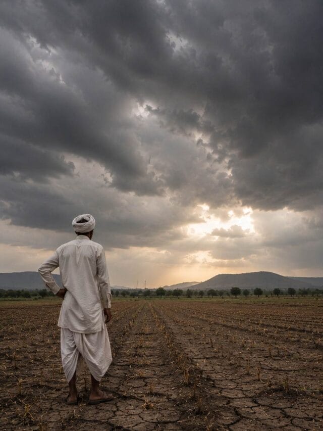 Farmer looking at dark clouds in Maharashtra as monsoon progress slows down in June 2026