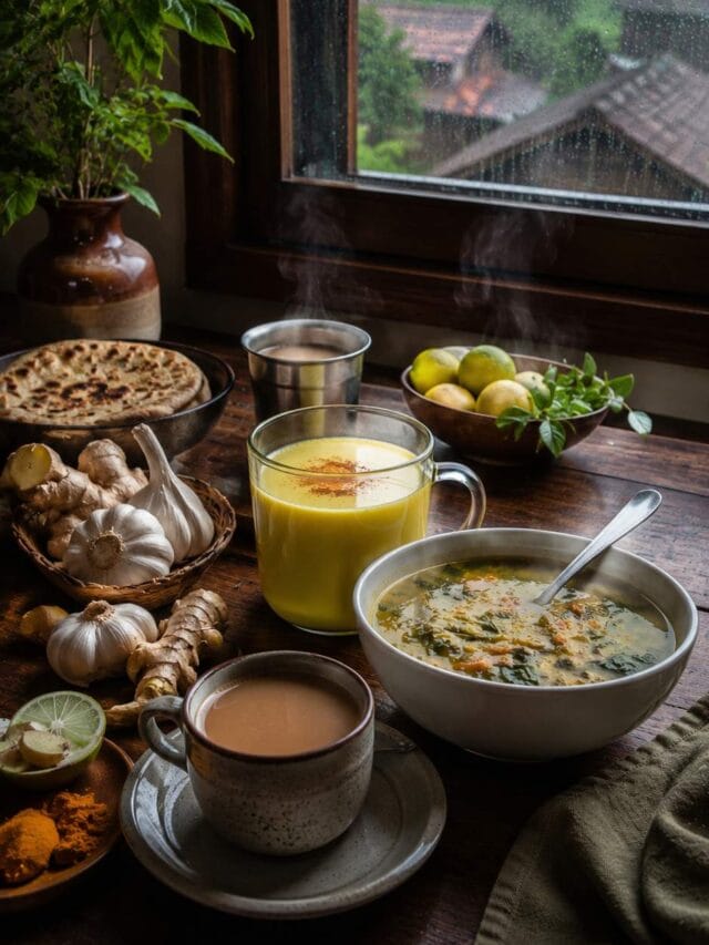 Healthy foods for monsoon season including ginger tea, turmeric milk, garlic, tulsi leaves and homemade nutritious meals
