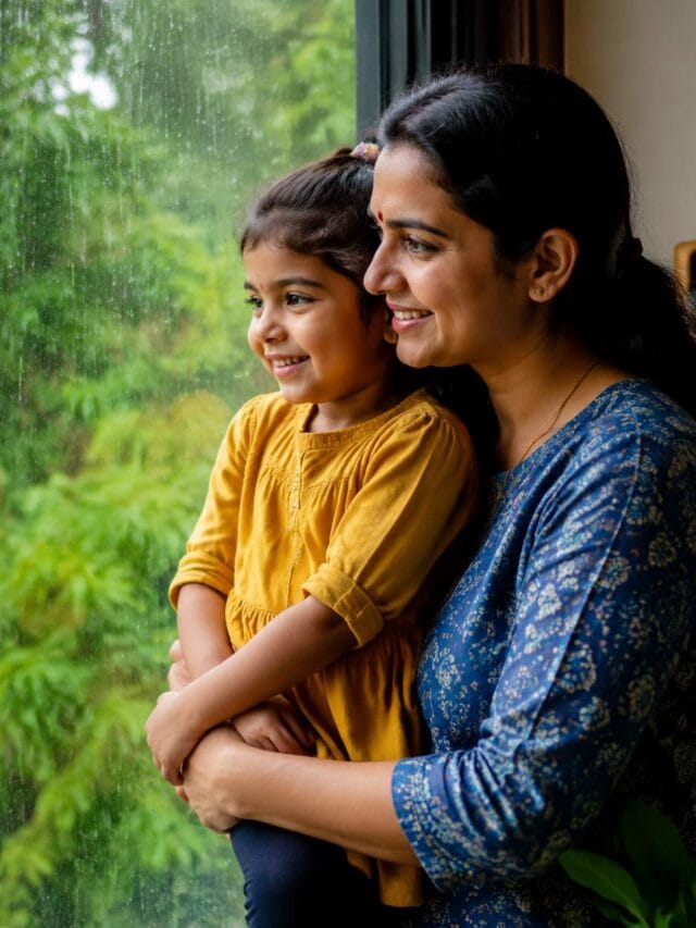 Indian mother taking care of her young child during the monsoon season at home