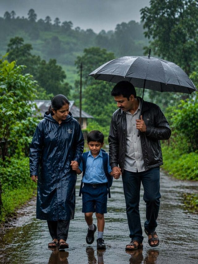 Monsoon safety tips in Maharashtra showing an Indian family walking carefully on a rainy road with umbrellas and raincoats