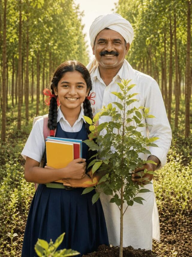 Farmer and daughter standing in a sandalwood plantation under Chandan Kanya Yojana