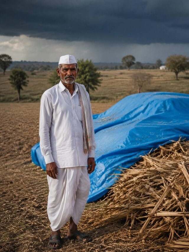 Maharashtrian farmer standing beside grain protected with blue tarpaulin under Tadpatri Anudan Yojana