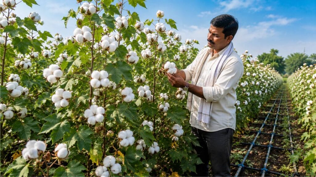 Kapus Kranti Yojana 2026 Farmer inspecting cotton crop with drip irrigation system