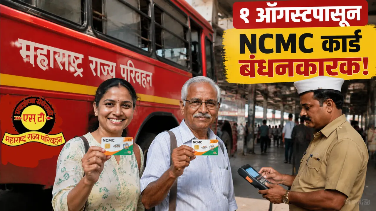 Woman and senior citizen holding an NCMC smart card in front of a Maharashtra State Transport (ST) bus